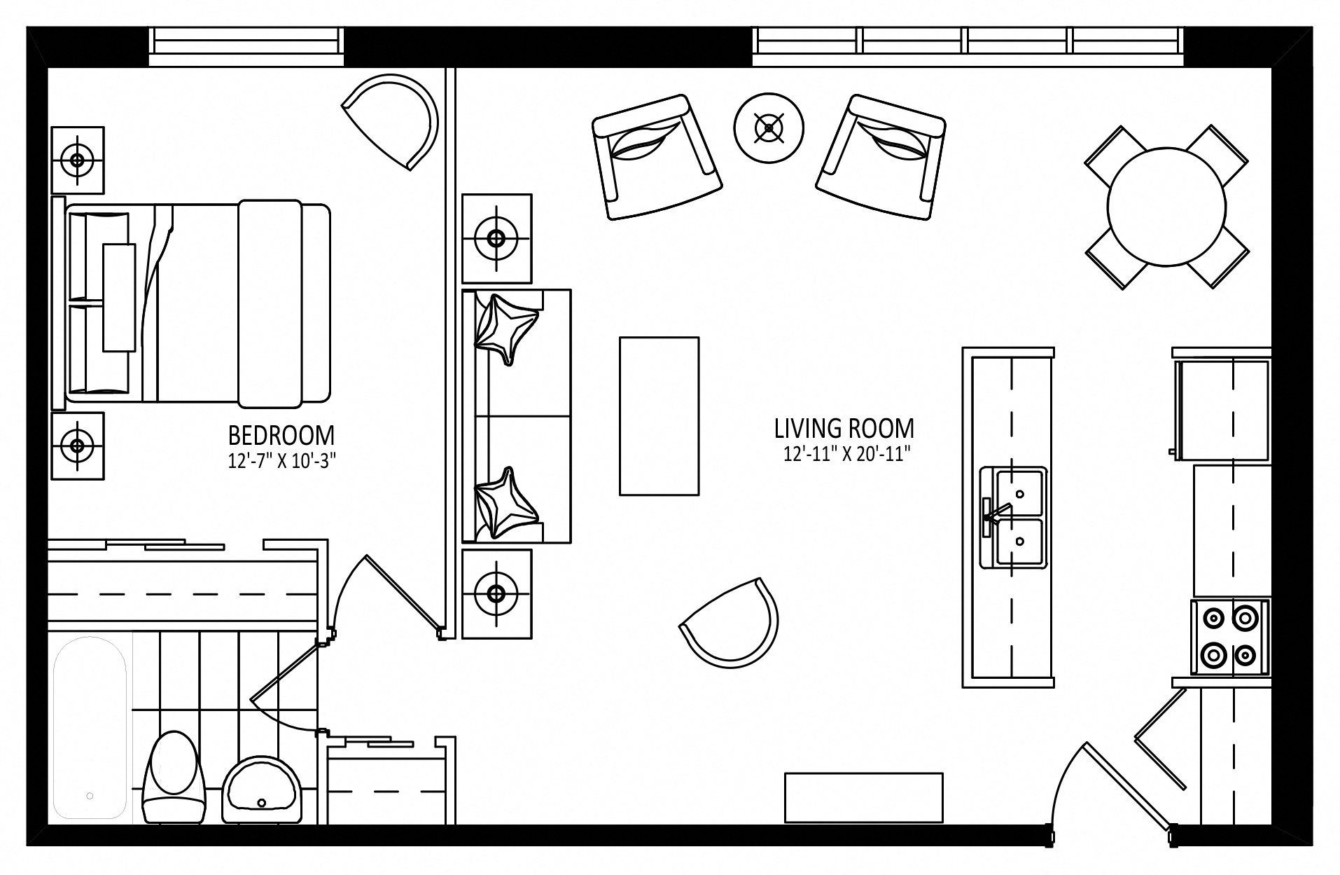 Floor plan for 1 bed, 1 bath, 687 sqft